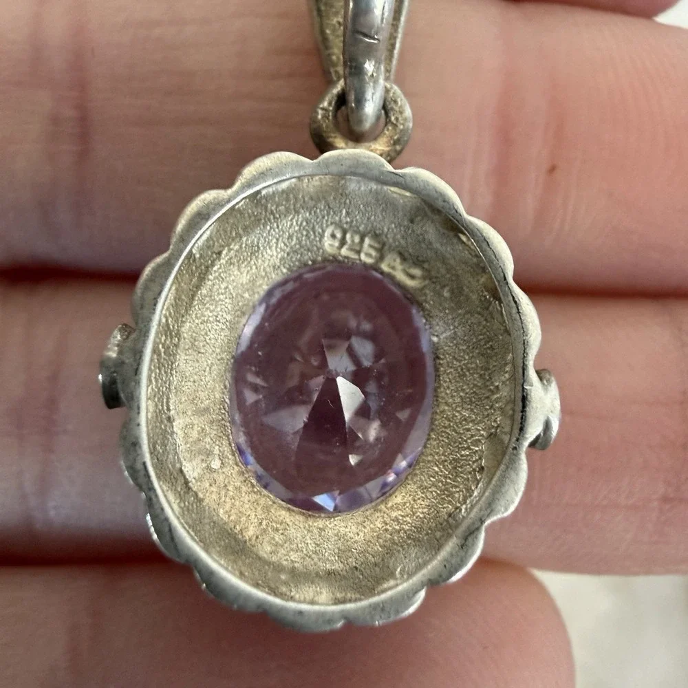 925 Sterling Silver Purple‎ CZ Halo Pendant Necklace Marcasite Accents